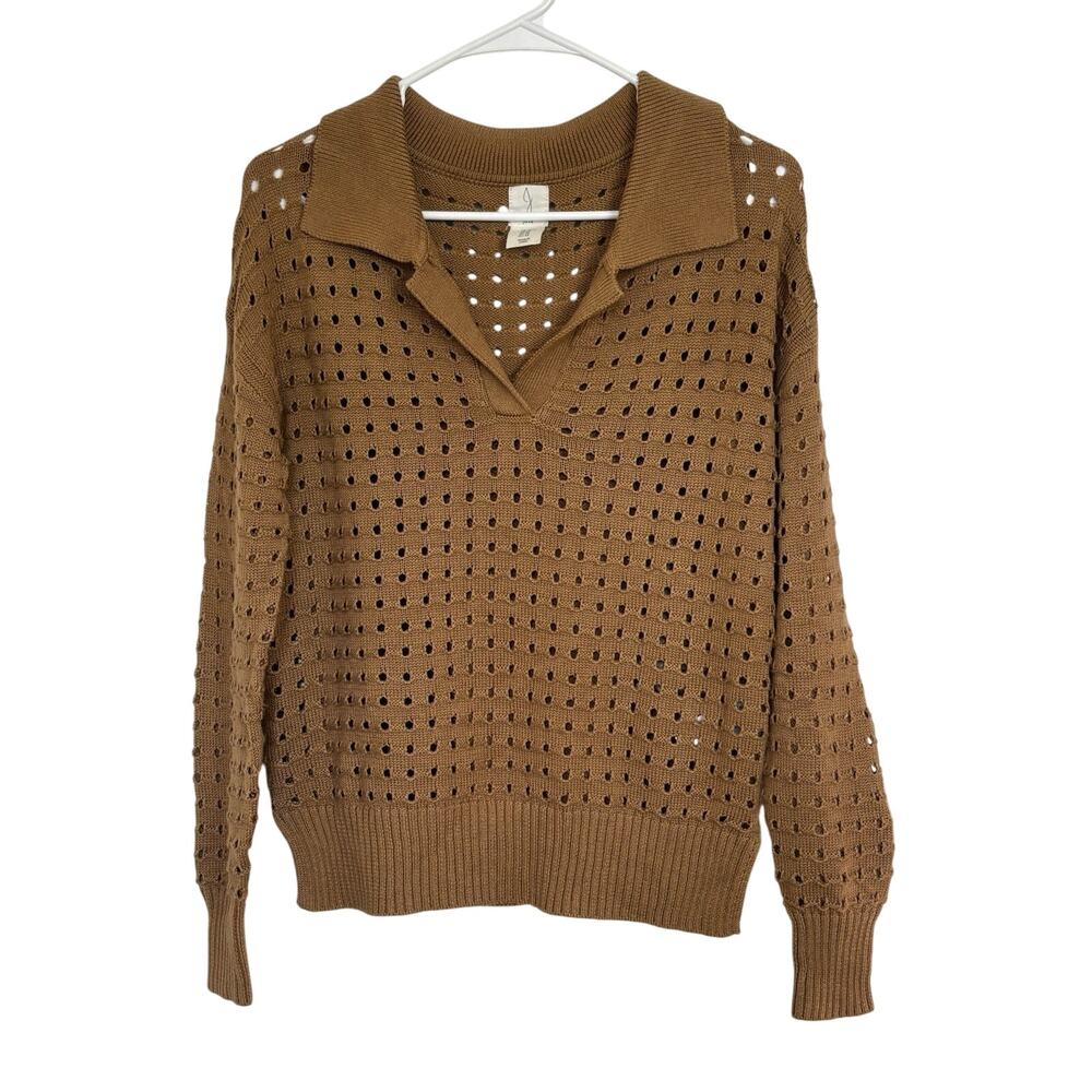 Joie Brown Open Knit Collared Beach Sweater XS Contemporary Neutral Minimal